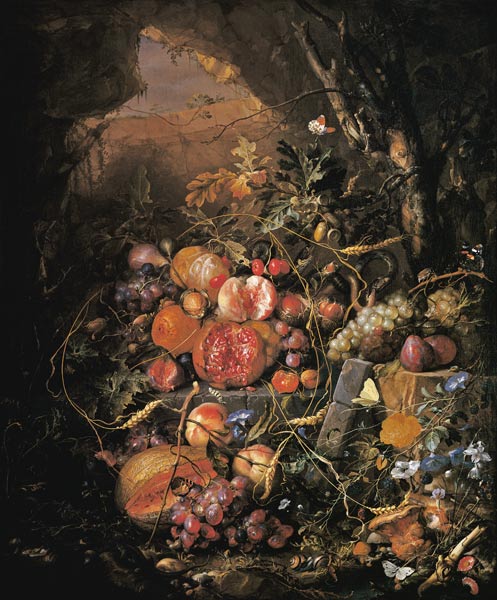 Still-life with fruit, flowers, mush– rooms, insects, snail à Jan Davidsz de Heem