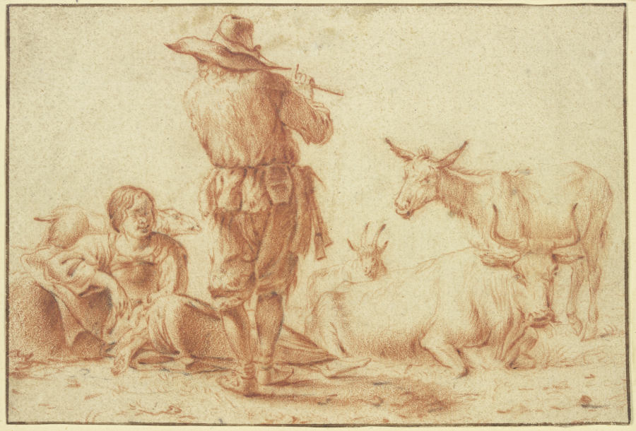 Ein Hirte in Rückenansicht bläst die Flöte, eine Hirtin sitzt dabei mit einigem Vieh à Jan Frans Soolmaker