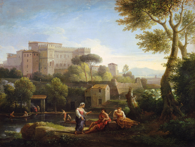 Landscape with figures and a fortress by a river (pair of 81826) à Jan Frans van Bloemen