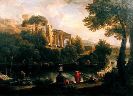 Landscape with figures by a pool with ruins in the background à Jan Frans van Bloemen