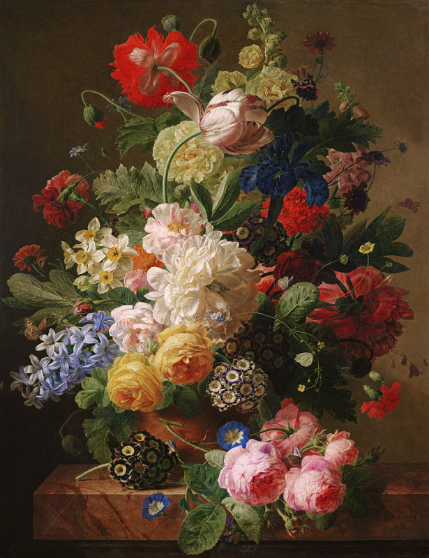 Flowers in a vase on a marble console table à Jan Frans van Dael