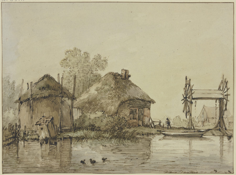 An einem Kanal ein Haus mit Scheune und eine Schleuse mit zwei Rädern à Jan Hulswit