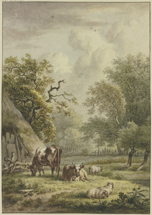Bei einer Hütte weiden zwei Kühe und drei Schafe à Jan Hulswit