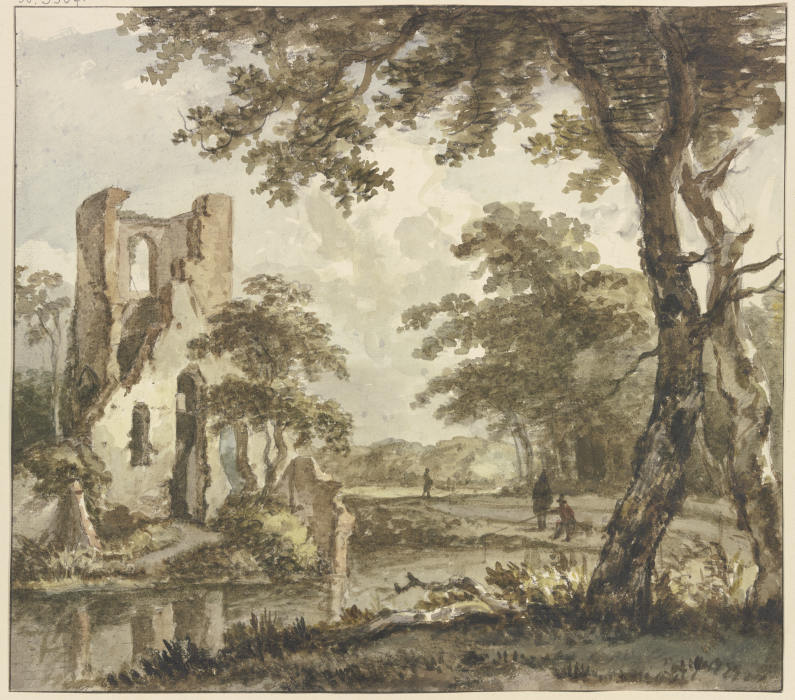 Links am Wasser eine Ruine, rechts ein Angler und zwei weitere Figuren à Jan Hulswit