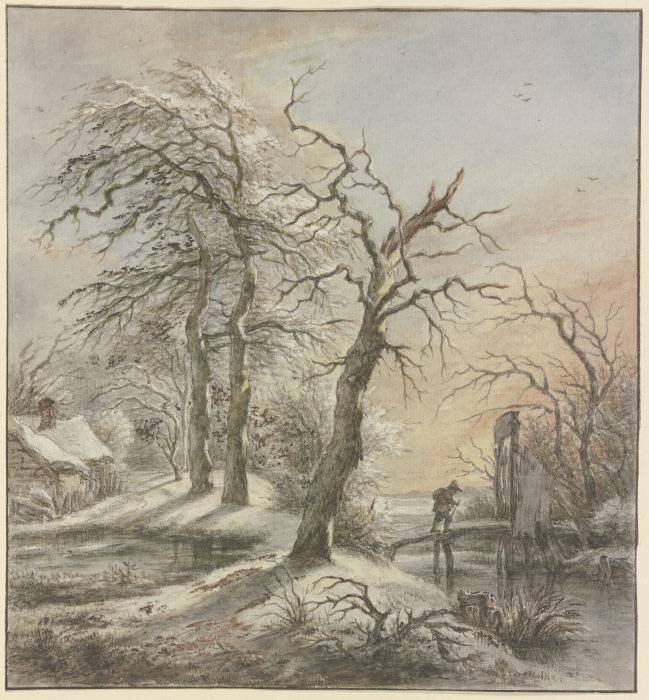 Winterlandschaft, ein Wanderer überquert auf einem Steg einen Bach à Jan Hulswit