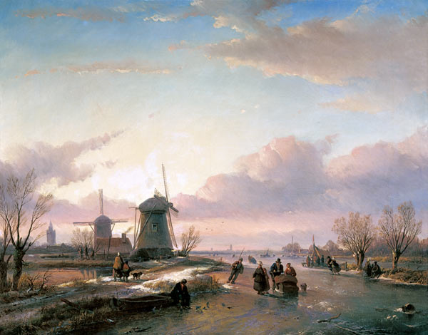Paysage de fleuve en hiver avec des patineurs et des moulins à vent à Jan Josef Spohler