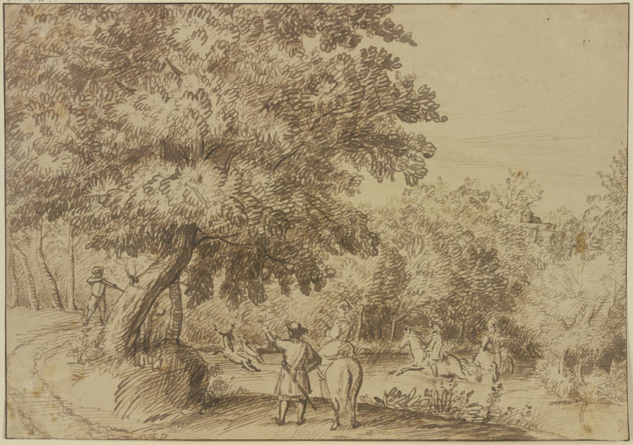 Waldpartie, zwei Reiter sprengen einen Hirsch durchs Wasser, eine Dame zu Pferde sieht zu à Jan Lievens