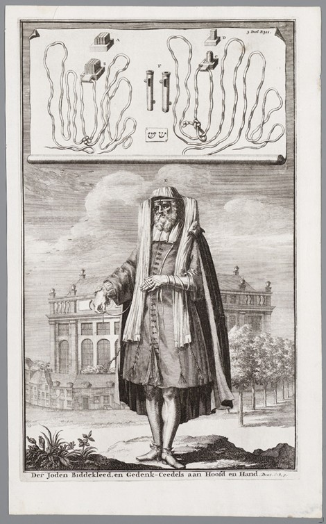 Jewish man, dressed for prayer. On the background the Portuguese Synagogue of Amsterdam à Jan Luyken