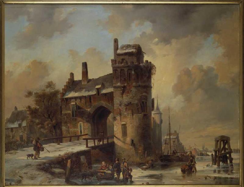 paysage fluvial en hiver à une vieille porte de la ville à Jan Michael Ruyten