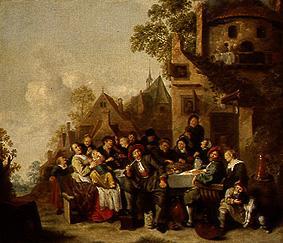Société joyeuse devant l'auberge à la demi-lune à Haarlem. à Jan Miense Molenaer