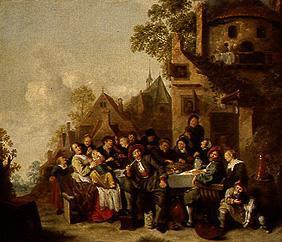 Société joyeuse devant l'auberge à la demi-lune à Haarlem.