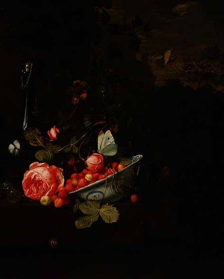 Still Life of Wild Strawberries, a Rose and a Glass Bottle à Jan Mortel