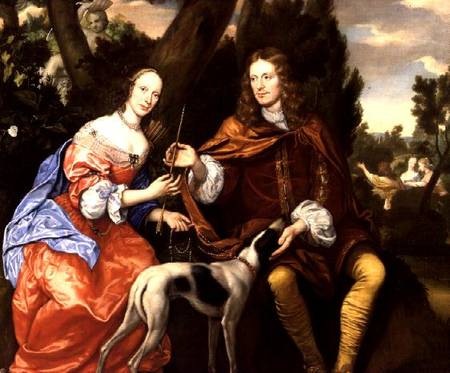 Portrait of a Gentleman and his Wife Holding an Arrow, Seated with their Dog à Jan Mytens