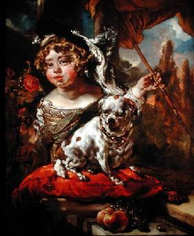 A Portrait of a Boy Wearing a Plumed Hat, Holding a Falcon and Spear, with a Pug Seated Before Him