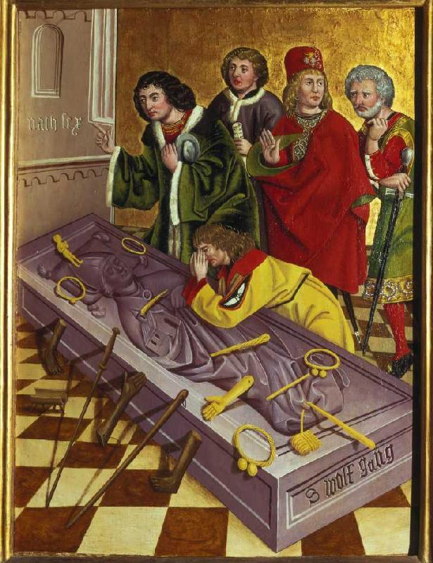 l'autel de Saint Wolfgang. Scène de pelerins sur la tombe du Saint à Jan Polack