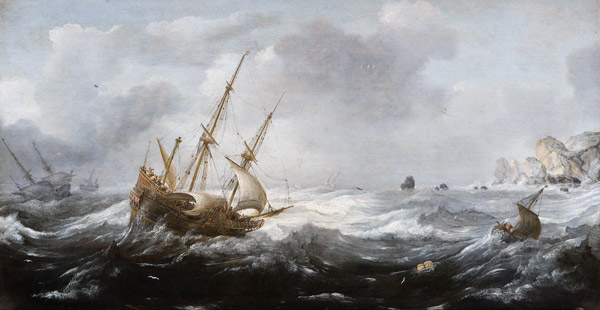 Ships in a Storm on a Rocky Coast à Jan Porcellis