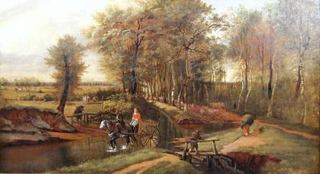 A Wooded River Landscape with Figures, Horse and Cart à Jan Siberechts
