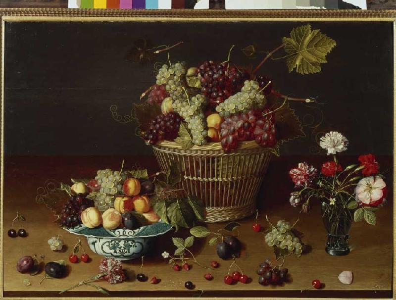 raisins, Pêches et prunes dans un panier. à Jan Soreau
