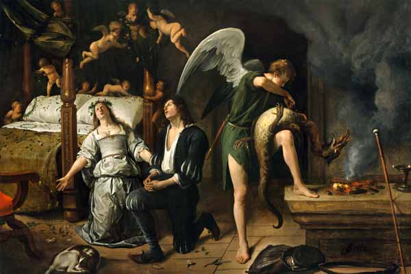 Tobias and Sarah with the Archangel Raphael exorcising the demon Asmodeus, restored version reassemb à Jan Havickszoon Steen