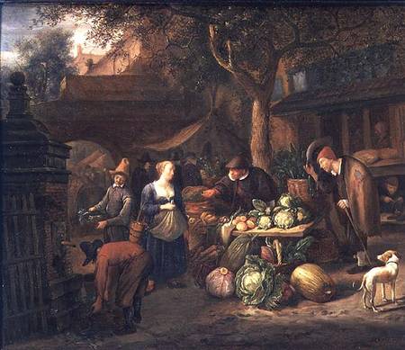 Market Scene (panel) à Jan Havickszoon Steen