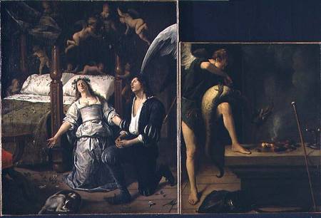Tobias and Sarah with the Archangel Raphael exorcising the demon Asmodeus, reassembled from two sepa à Jan Havickszoon Steen