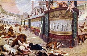 Postcard depicting the bloody games in the arena in Rome, illustration from 'Quo Vadis', 1910 (colou