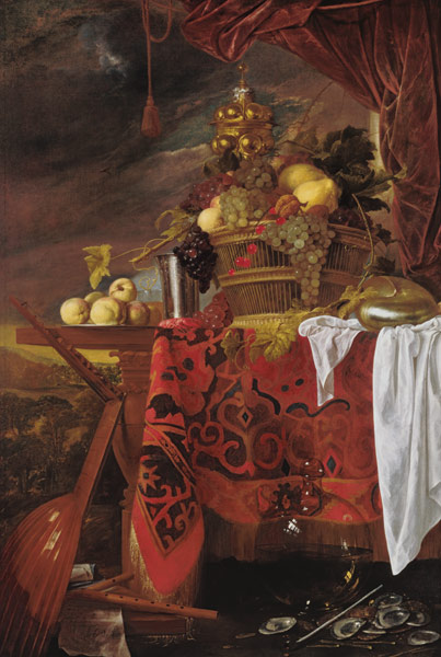 Still Life with Basket of Fruit and Landscape beyond à Jan van Dalen