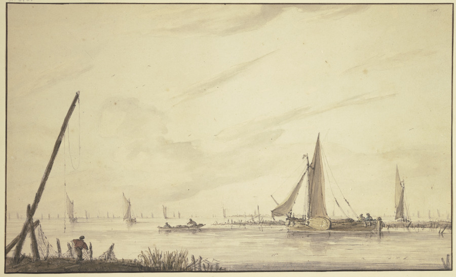 Marine mit vielen Schiffen, links bei einer langen Signalstange ein Fischer mit Netzen à Jan van de Cappelle