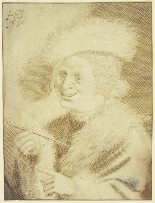 Ein Mann mit Pelzmütze und Pelzrock lachend eine Pfeife haltend à Jan van de Velde II