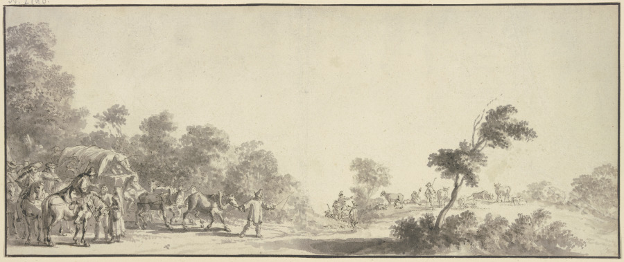 Links am Ausgang des Waldes ein Reisewagen mit drei Pferden, umgeben von vielen Reitern, rechts Hirt à Jan van de Velde II