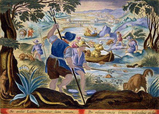 Fishing with Tridents, plate 90 from 'Venationes Ferarum, Avium, Piscium' (Of Hunting: Wild Beasts, à Jan van der Straet