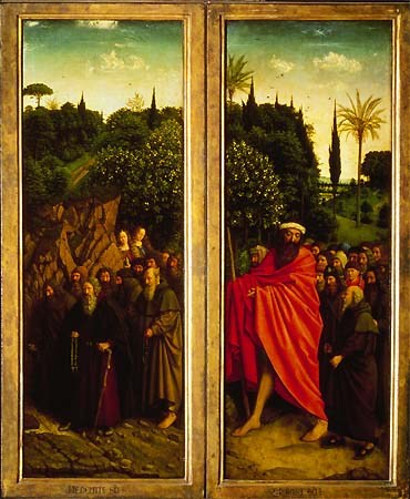 autel de Gent - ermites (à droite) et Christophe avec les pèlerins (à gauche) à Jan van Eyck