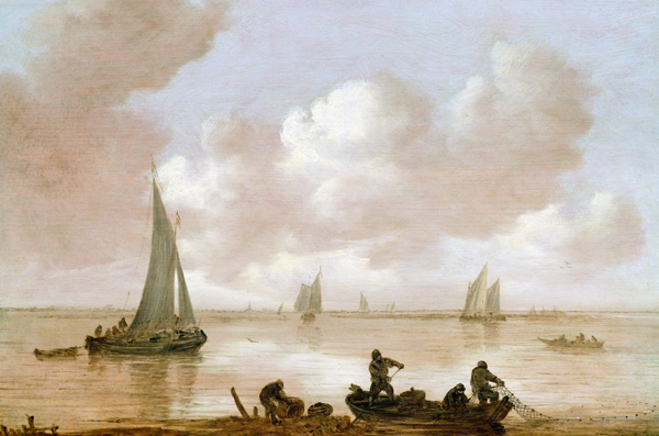 An estuary with fisherman hauling in their nets, with sailing boats behind à Jan van Goyen