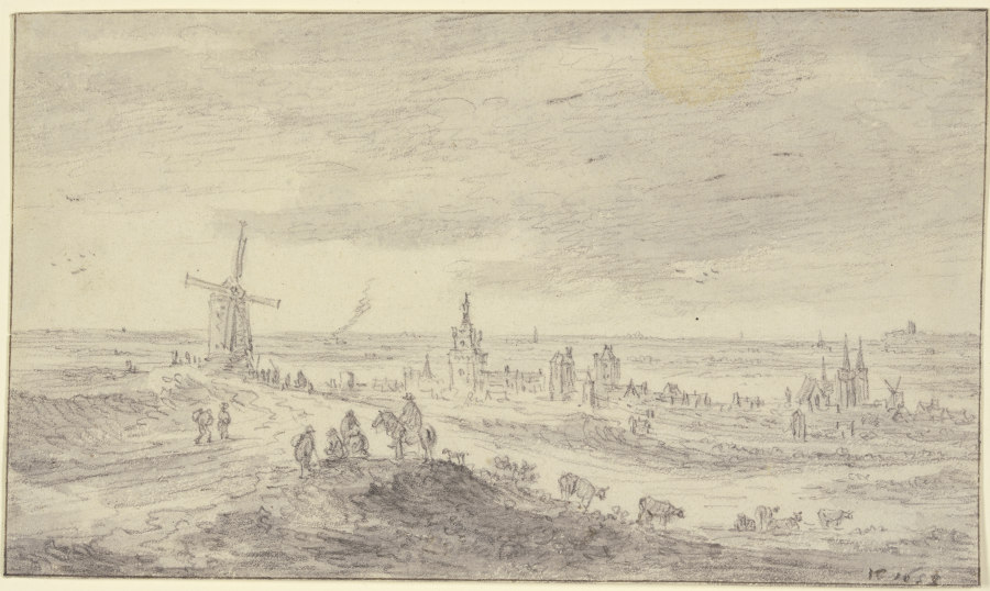 Eine befestigte Stadt mit vielen Häusern, vorn links eine Windmühle, dabei viele Figuren, vorn ein R à Jan van Goyen