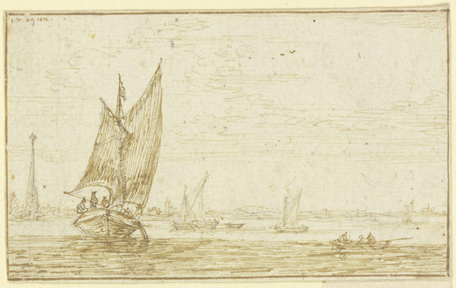 Marine, links segelt ein Boot, rechts ein Ruderboot à Jan van Goyen