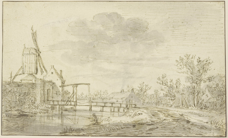 Windmühle auf einer Mauer links, zu der eine Zugbrücke über einen Bach führt à Jan van Goyen