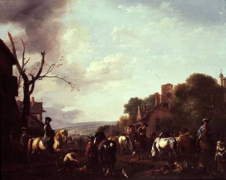 Horsemen and Travellers halted in a village à Jan van Huchtenberg
