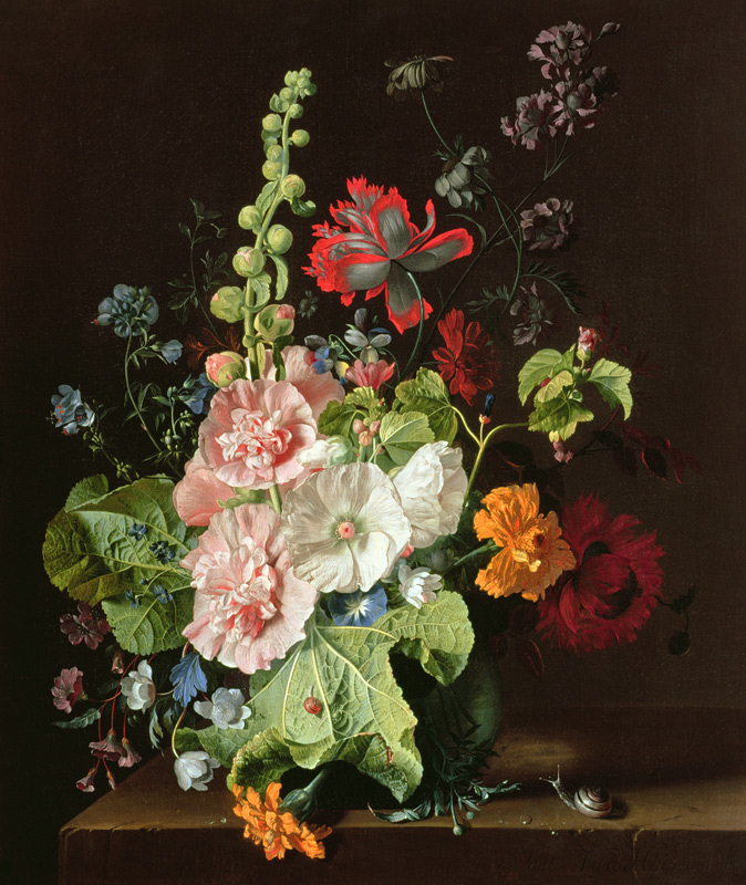 Hollyhocks and Other Flowers in a Vase à Jan van Huysum