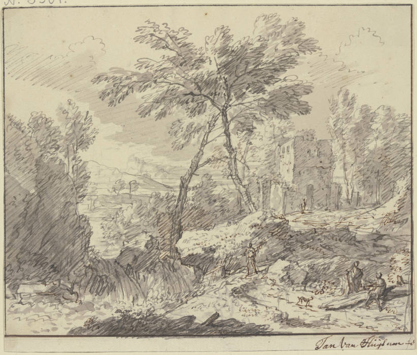 Landschaft mit einem Wasserfall, rechts an einem Baumstamm zwei Figuren à Jan van Huysum