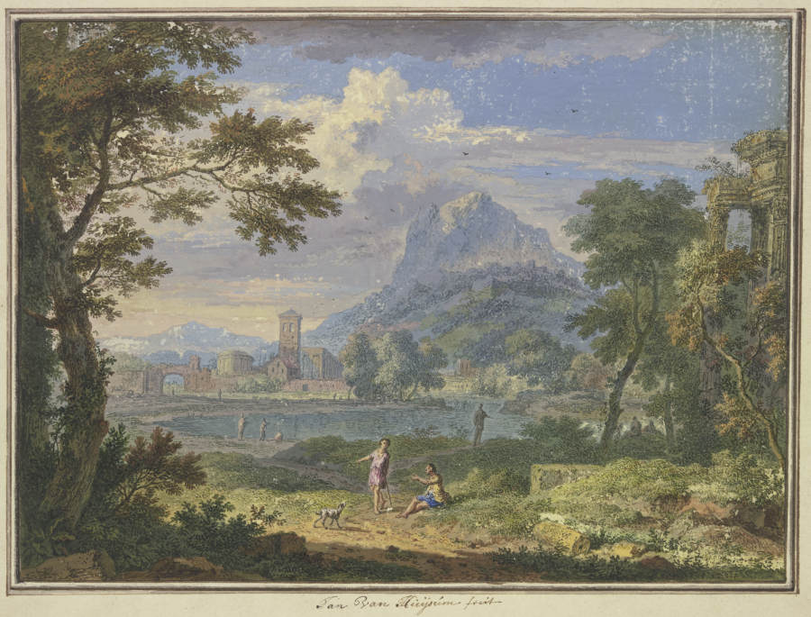 Landschaft mit einer italienischen Stadt bei einem hohen Berg, rechts die Ruine eines Tempels, im Vo à Jan van Huysum