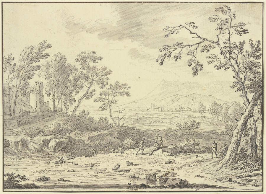 Landschaft mit Ruinen, vorne ein Hirte bei Schafen à Jan van Huysum