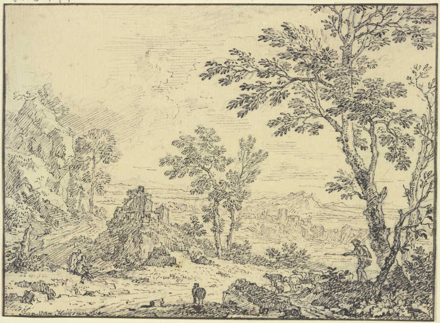 Landschaft mit Ruinen, vorne rechts ein Schafhirte à Jan van Huysum