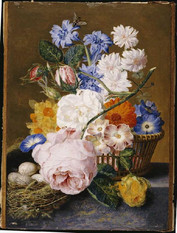 Rosen, Winden, Osterglocken, Astern und andere Blumen neben einem Vogelnest à Jan van Huysum
