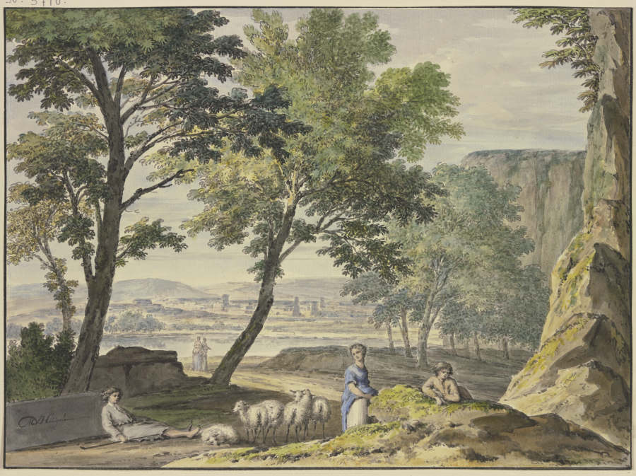 Stilvolle Landschaft mit Schafhirten, in der Ferne eine Stadt à Jan van Huysum
