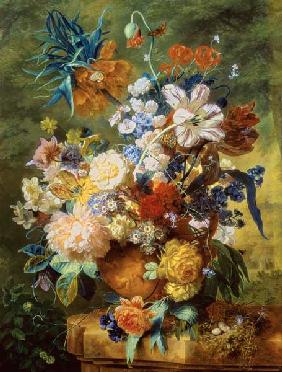 Still Life of Flowers and a Bird's Nest on a Pedestal