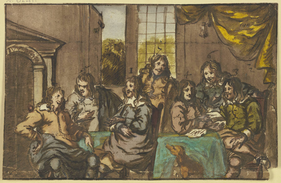 Sieben Herren in einem Zimmer um einen grünen Tisch sitzend, mit Papieren beschäftigt, dabei ein Hun à Jan van Mieris