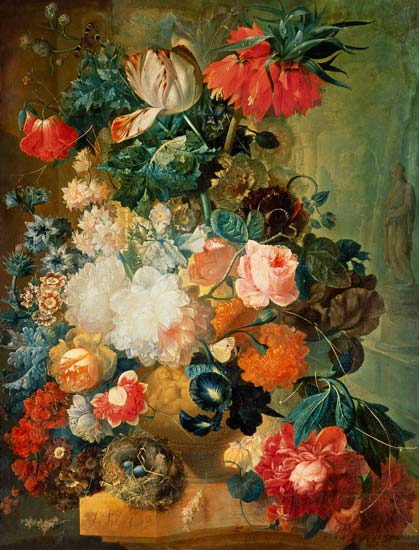Flowers in a Vase with a Bird's Nest à Jan van Os