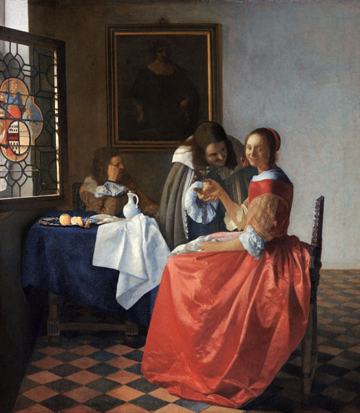 Fille buvant avec deux cavaliers à Johannes ou Jan  Vermeer de Delft