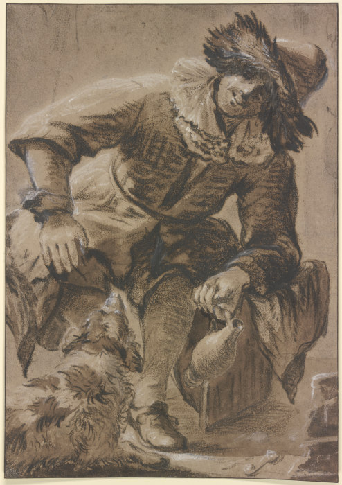Sitzender Mann mit Pelzmütze und Weinkrug, dabei ein Hund à Johannes ou Jan  Vermeer de Delft