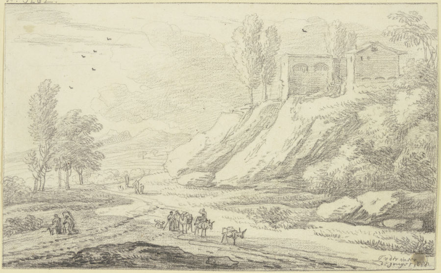 Rechts am Weg Hügel mit Gebäuden, auf demselben Eselstreiber und andere Figuren à Jan Vermeer van Haarlem l'Ancien